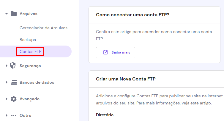 se&ccedil;&atilde;o arquivos do hpanel da hostinger com o bot&atilde;o contas ftp em destaque