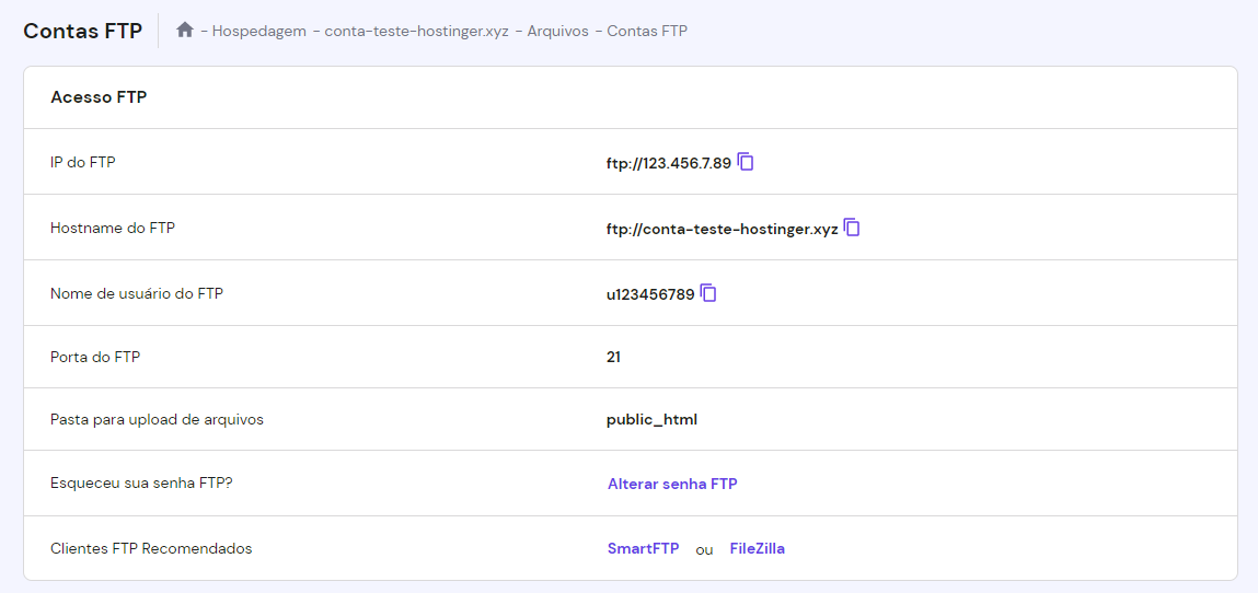 informa&ccedil;&otilde;es do acesso ftp no hpanel