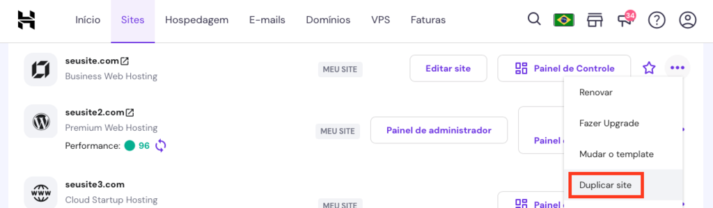 op&ccedil;&atilde;o de duplicar site no hpanel