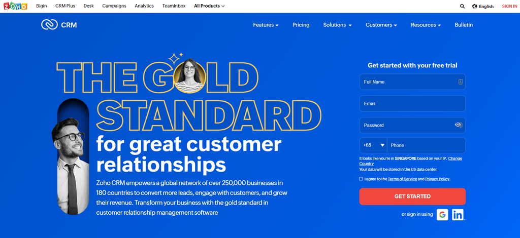 P&aacute;gina inicial do Zoho CRM