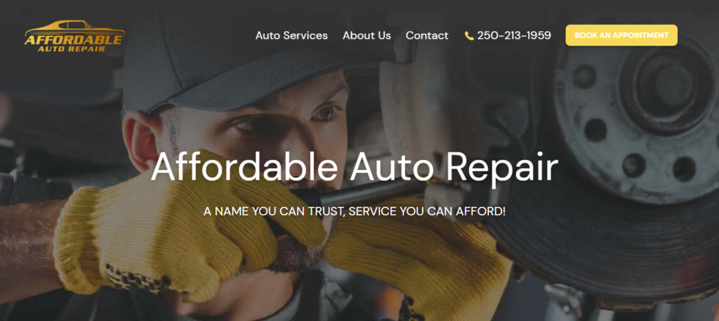 p&aacute;gina inicial do site Affordable Auto Repair, que oferece servi&ccedil;os de oficina mec&acirc;nica a pre&ccedil;o baixo