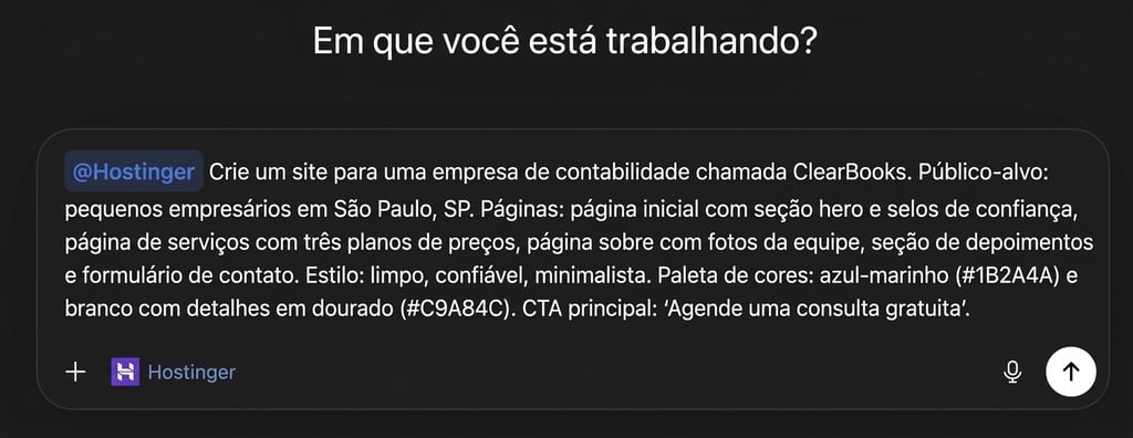 Prompt no ChatGPT marcando a @Hostinger com os detalhes para a criação do site