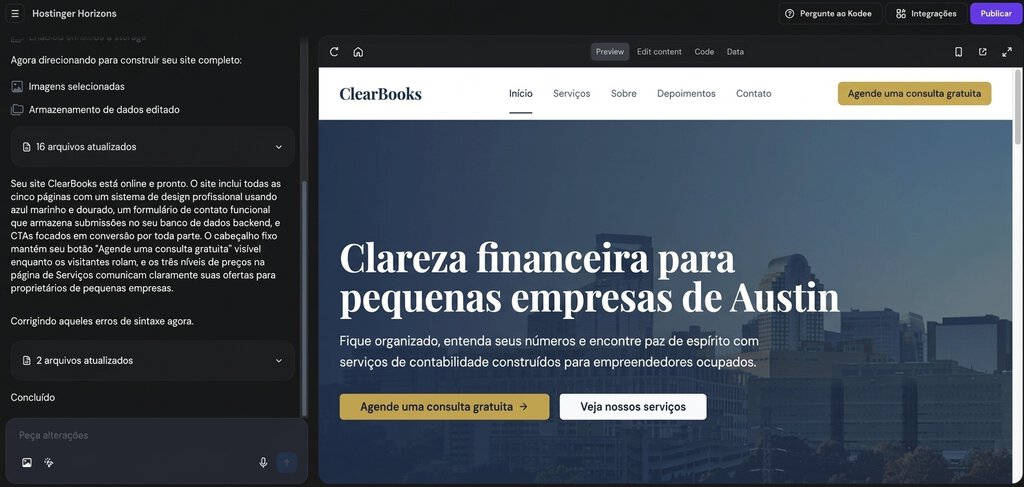 Painel de edição no Hostinger AI Builder exibindo o painel de chat à esquerda e a prévia do site à direita