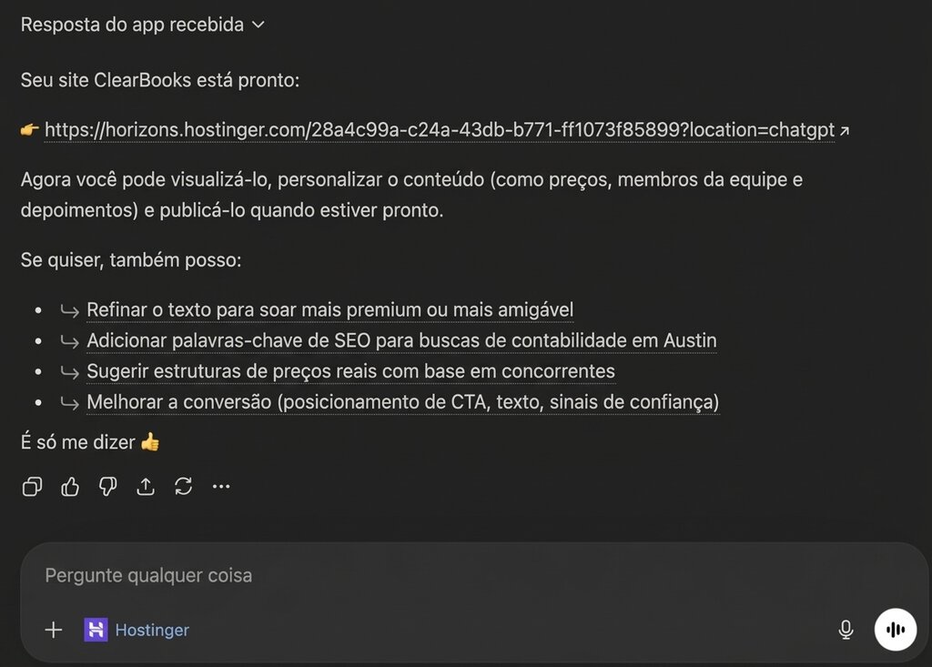 Resposta do ChatGPT com um link para pré-visualizar o site e sugestões de melhorias