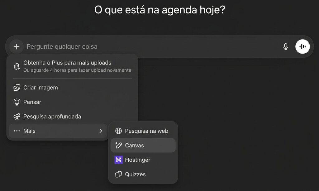 Painel do ChatGPT mostrando como acessar o Canvas