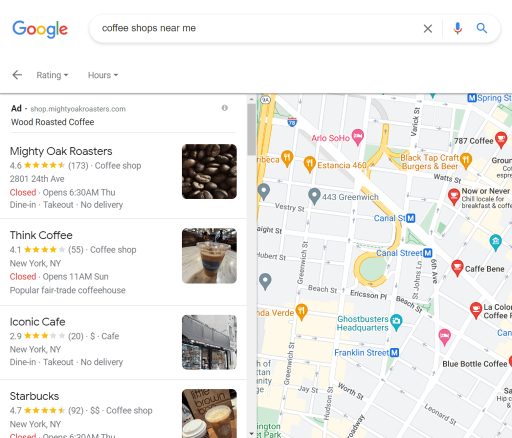 P&aacute;gina de resultados do Google para cafeterias perto de mim