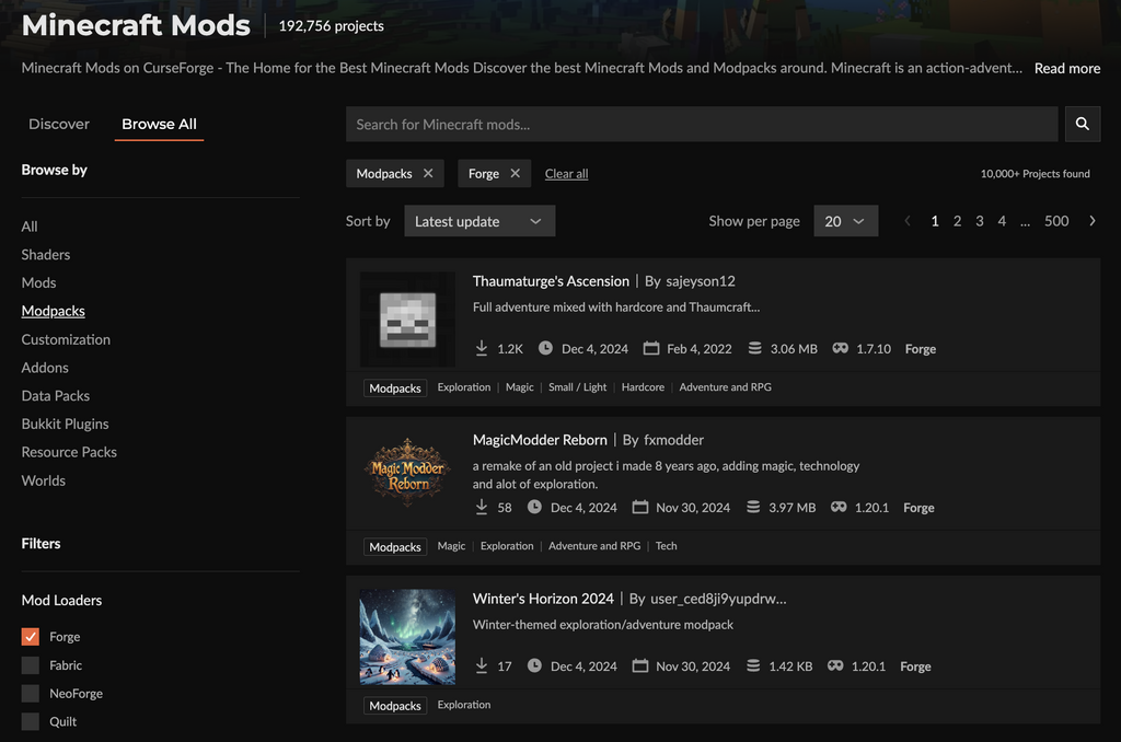 selecionando modpacks no curseforge