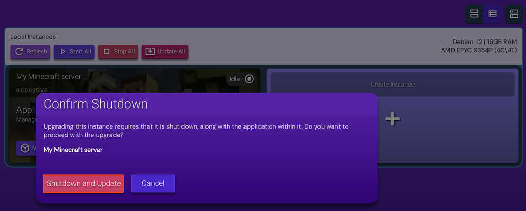 botão confirm shutdown no game panel da hostinger