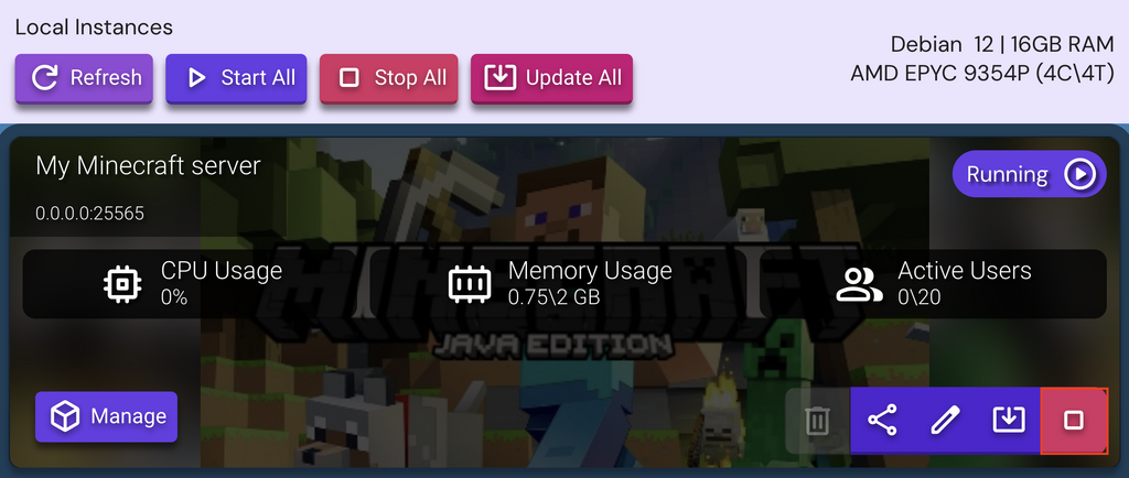botão de parar todas as instâncias no game panel da hostinger