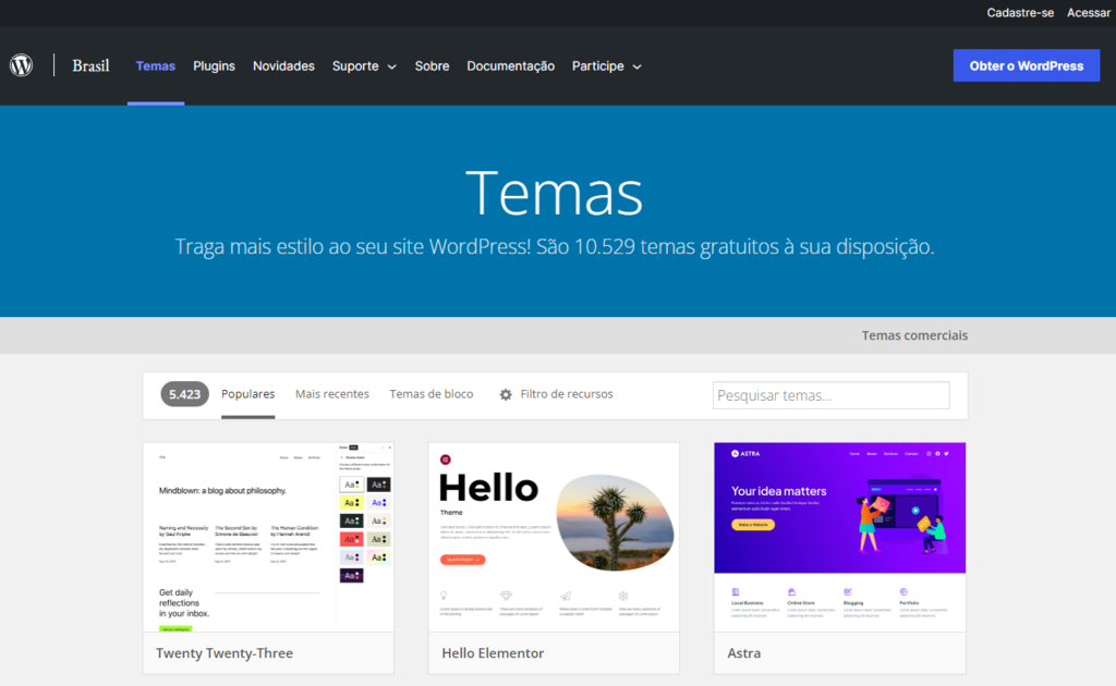 P&aacute;gina do reposit&oacute;rio de temas do WordPress