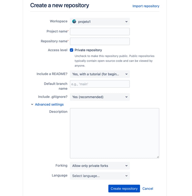 criando reposit&oacute;rio no bitbucket
