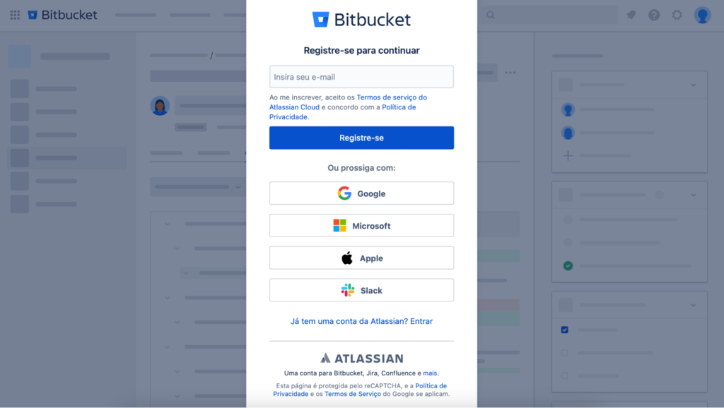 criando conta no bitbucket
