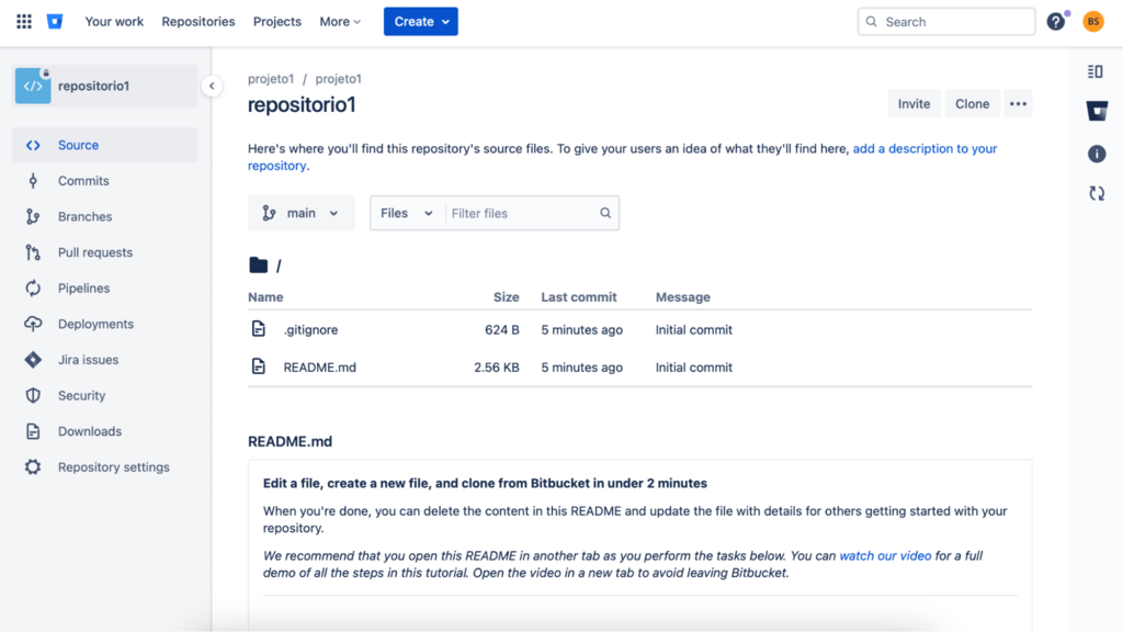tela principal do reposit&oacute;rio no bitbucket