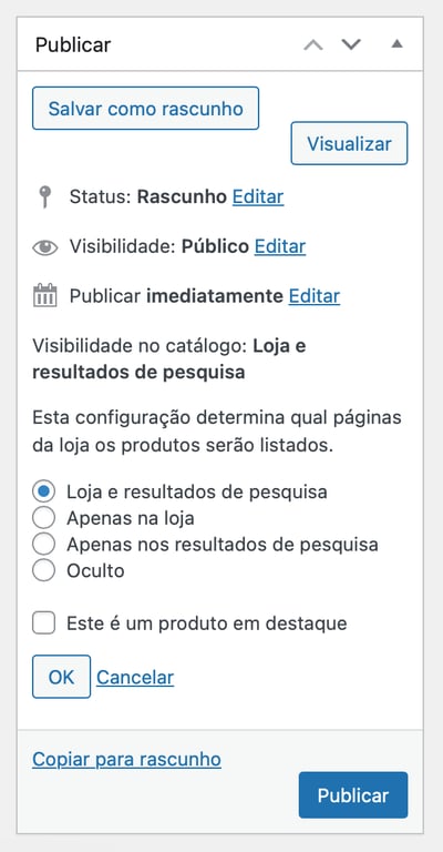 menu Publicar do woo commerce