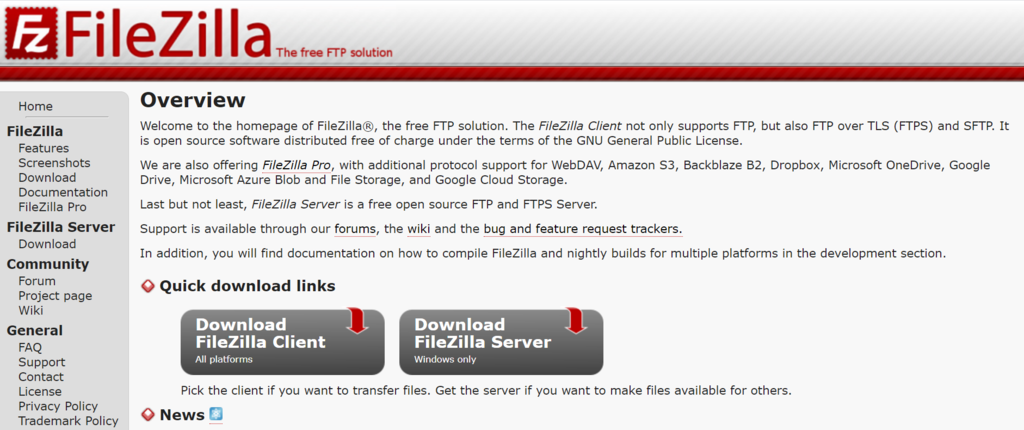 Captura de tela da p&aacute;gina inicial do cliente FileZilla FTP