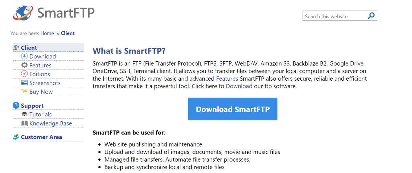 Captura de tela da p&aacute;gina inicial do SmartFTP