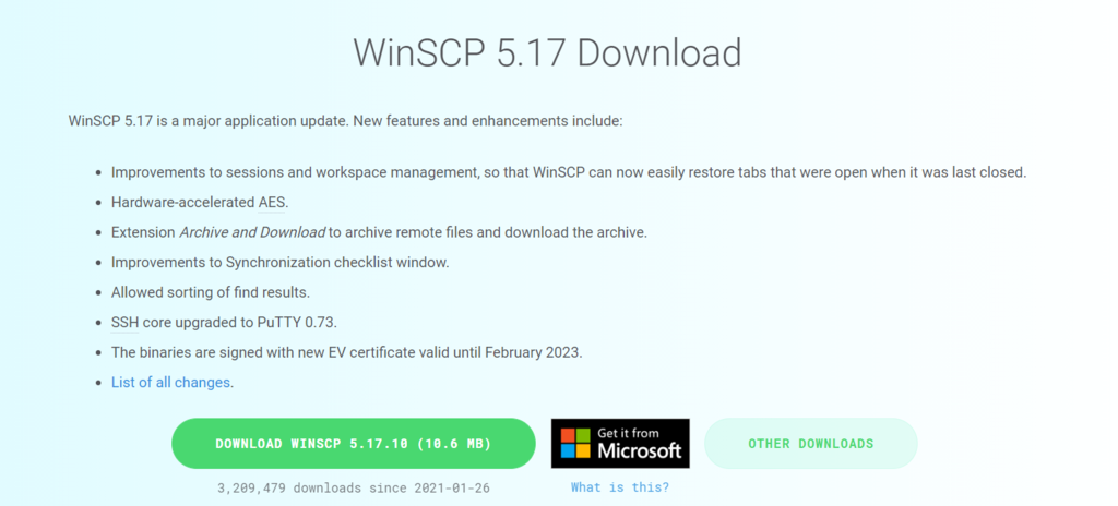 Captura de tela da página para baixar o cliente FTP WinSCP
