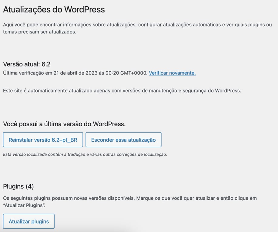 tela de atualização do wordpress