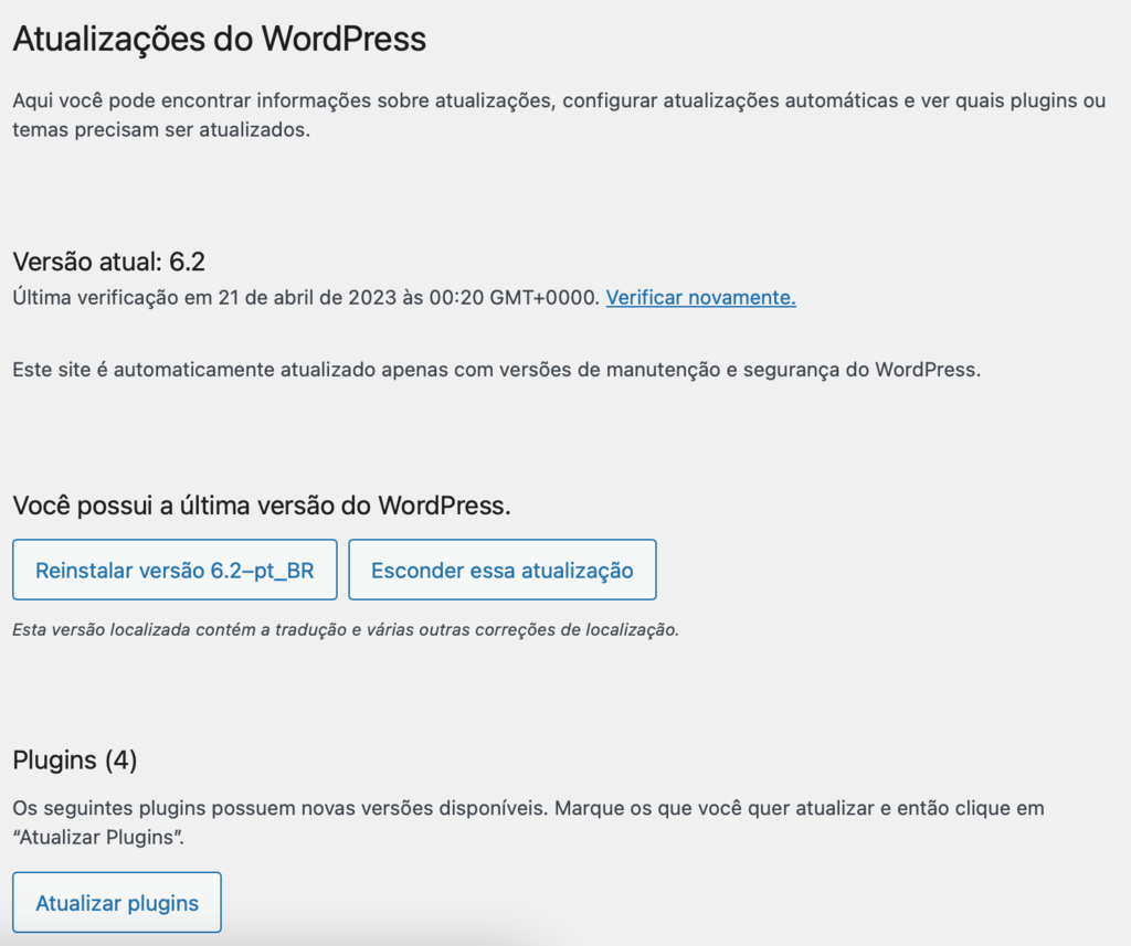 tela de atualiza&ccedil;&atilde;o do wordpress
