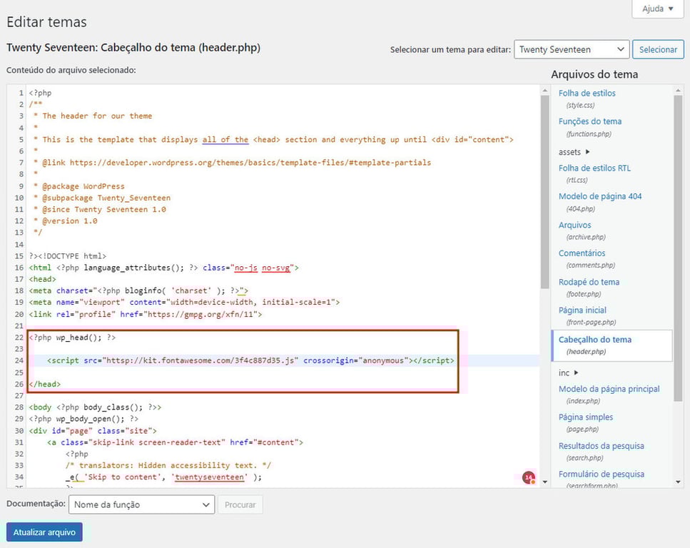 Colocando o código Font Awesome Kit dentro do arquivo de cabeçalho do tema