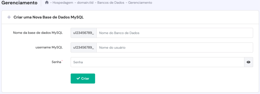 A tela Criar uma Nova Base de Dados MySQL no hPanel