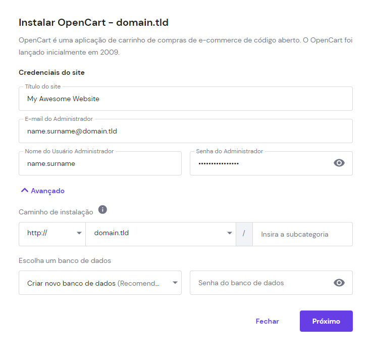 A tela Instalar OpenCart no hPanel