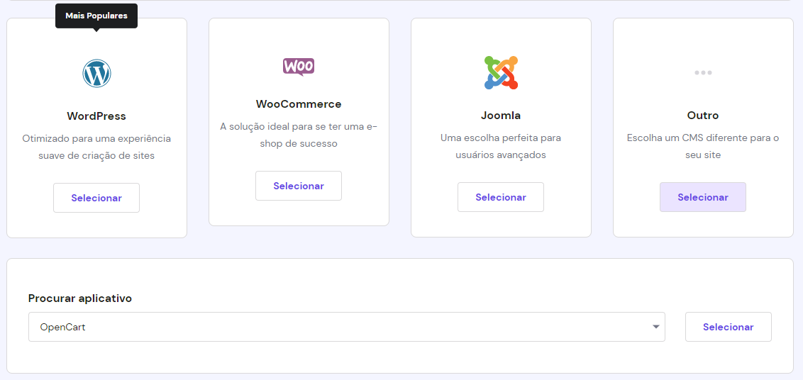 A op&ccedil;&atilde;o OpenCart no menu suspenso Procurar aplicativo no hPanel Auto Instalador