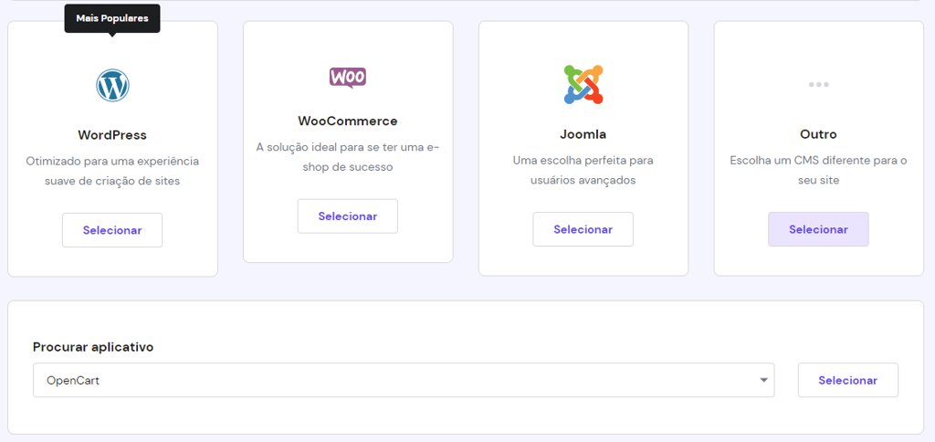 A opção OpenCart no menu suspenso Procurar aplicativo no hPanel Auto Instalador