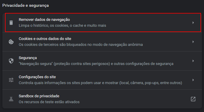 menu de privacidade e segurança do chrome com a opção de remover dados de navegação em destaque