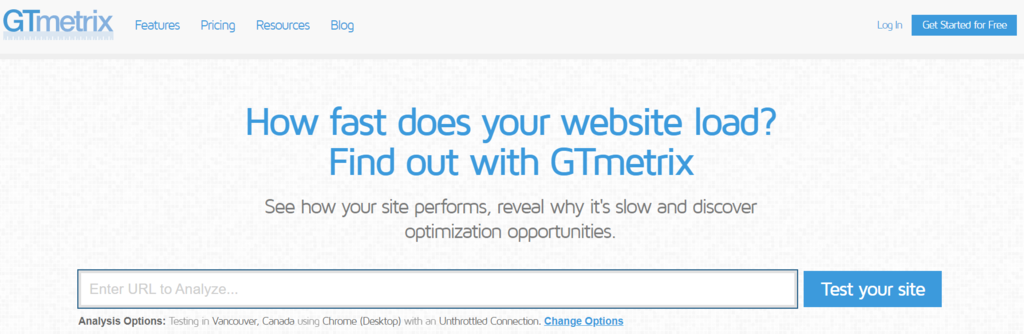 página inicial do gtmetrix