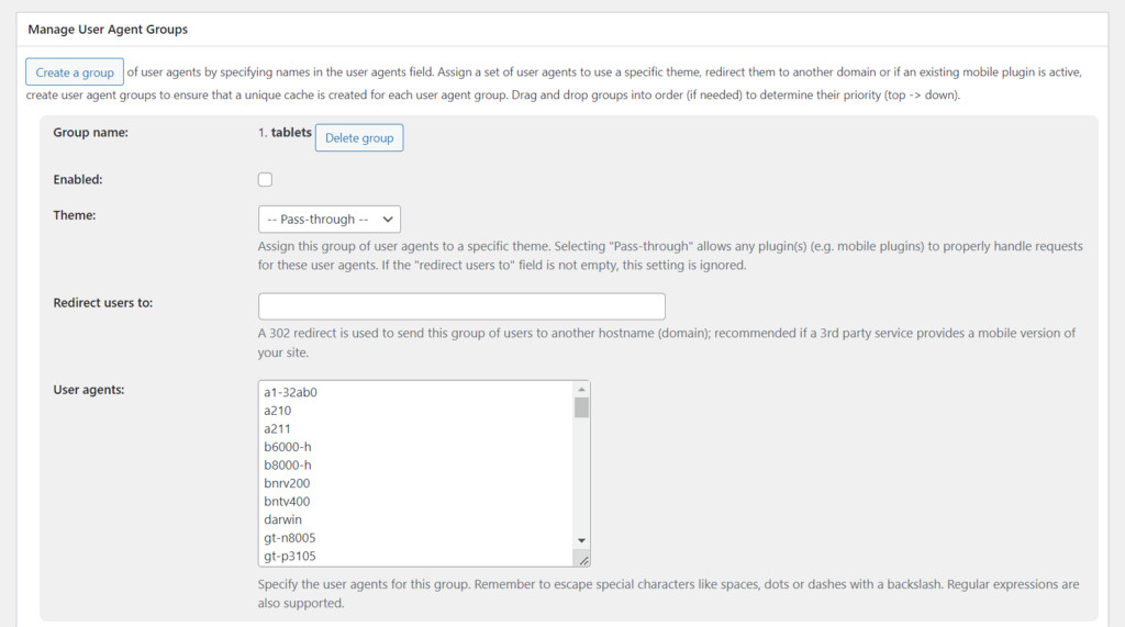 Se&ccedil;&atilde;o Gerenciar Grupo de Agentes do Usu&aacute;rio do W3 Total Cache