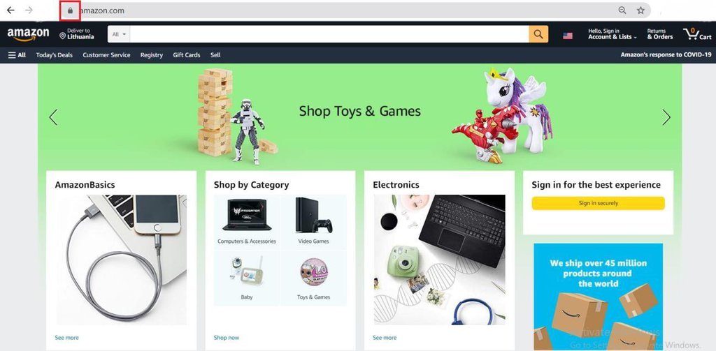 p&aacute;gina inicial da amazon com o cadeado de ssl em destaque