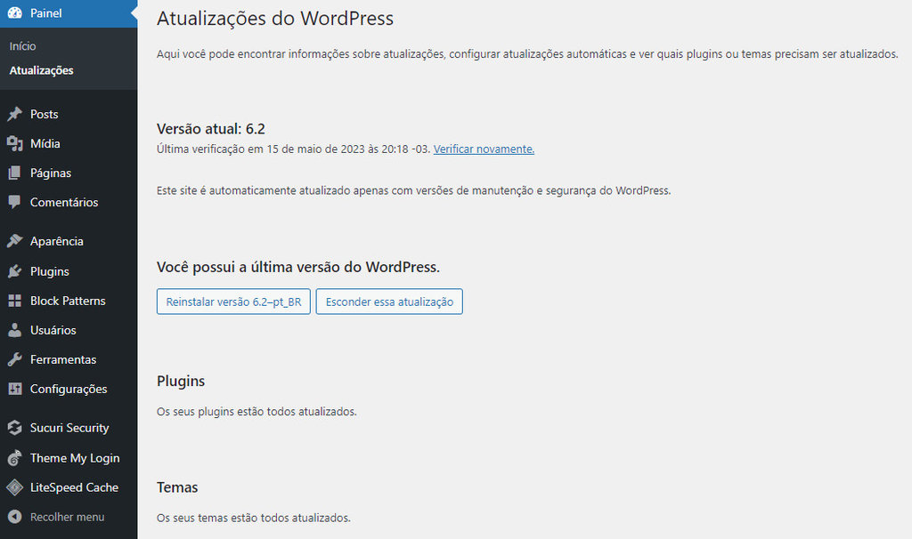 tela de atualiza&ccedil;&otilde;es do wordpress