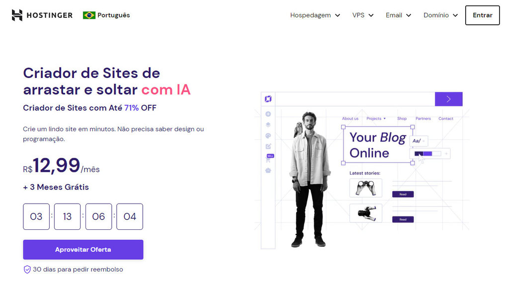 p&aacute;gina inicial do criador de sites da hostinger