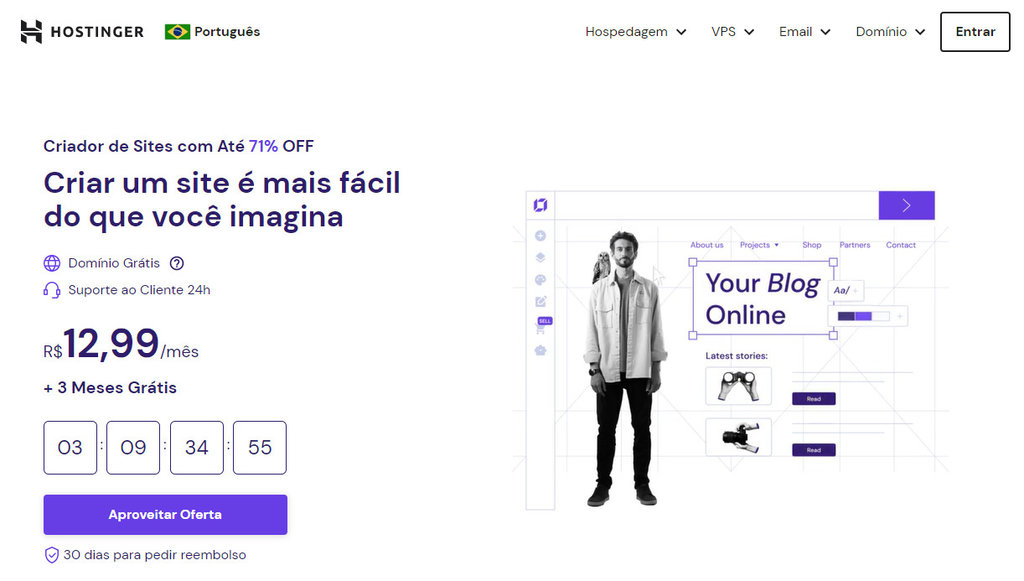 p&aacute;gina do criador de sites no site da hostinger
