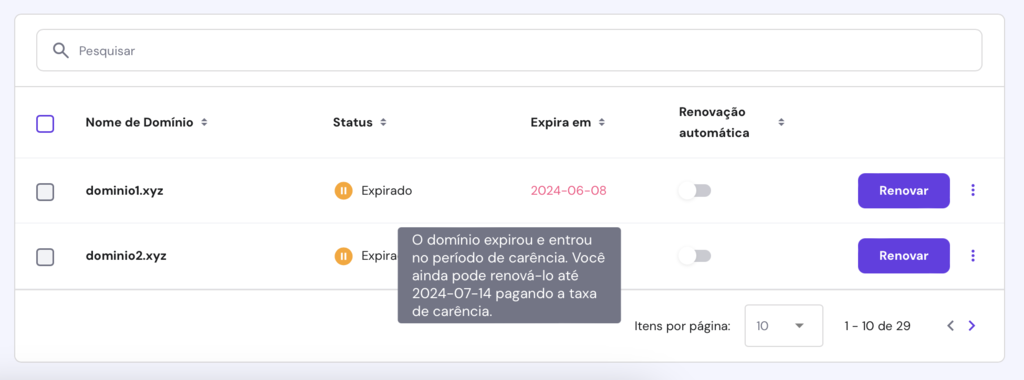 aviso de dom&iacute;nio expirado e em per&iacute;odo de car&ecirc;ncia do hpanel