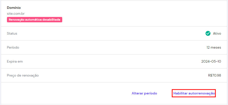 op&ccedil;&atilde;o de habilitar autorrenova&ccedil;&atilde;o de dom&iacute;nio no hpanel