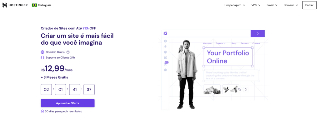 p&aacute;gina inicial do criador de sites da Hostinger