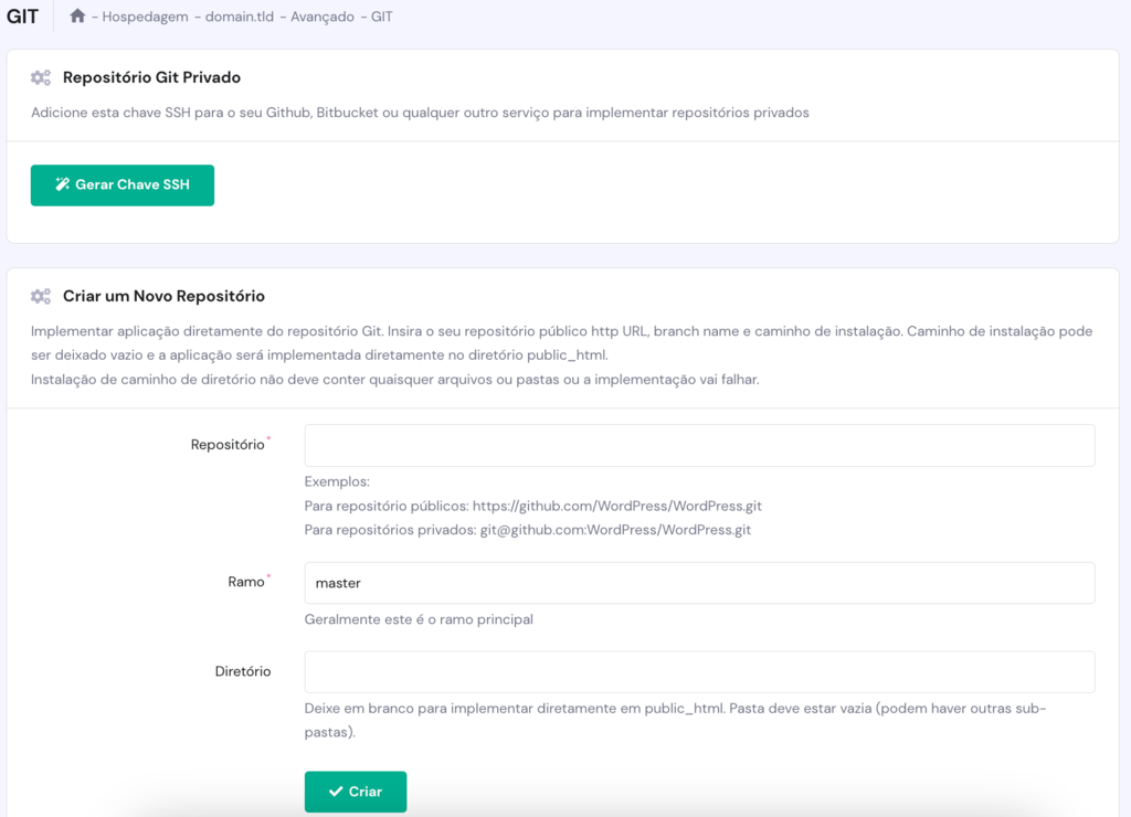 a tela criar um novo reposit&oacute;rio no hpanel