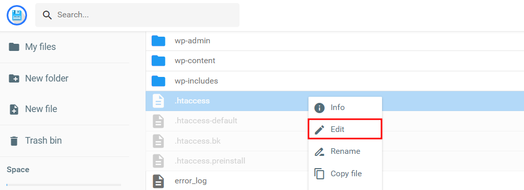 O botão Editar do arquivo .htaccess no gerenciador de arquivos da Hostinger