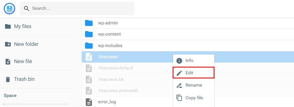 O bot&atilde;o Editar do arquivo .htaccess no gerenciador de arquivos da Hostinger