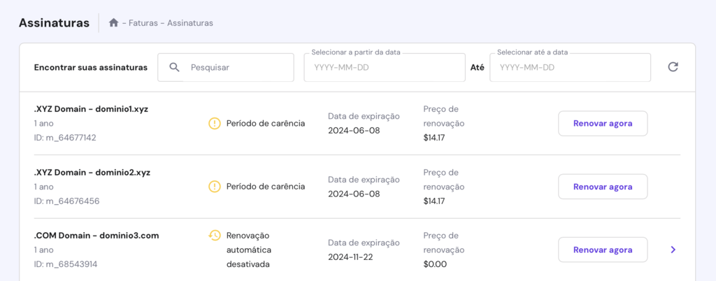 tela de renovar dom&iacute;nio no hpanel