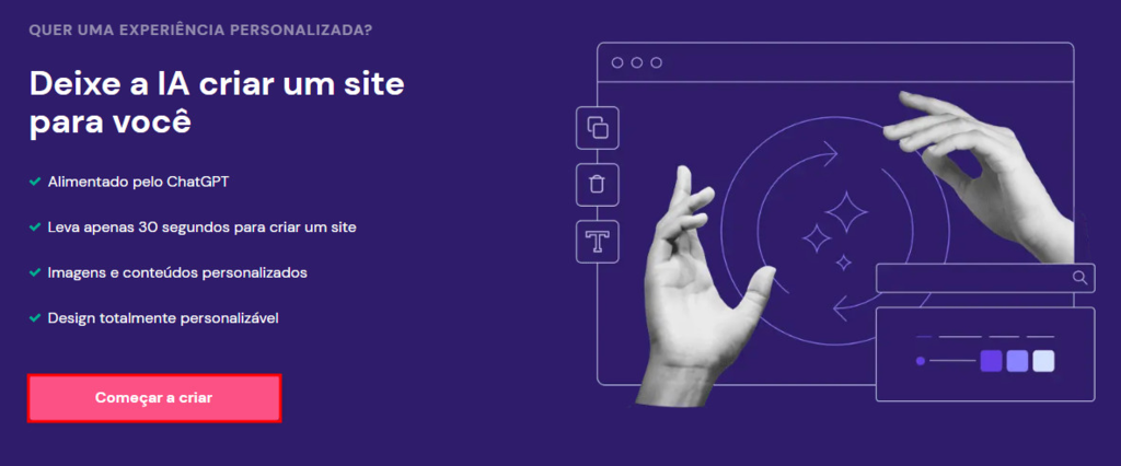 exemplo de cta, com o bot&atilde;o "come&ccedil;ar a criar" do site da hostinger em destaque