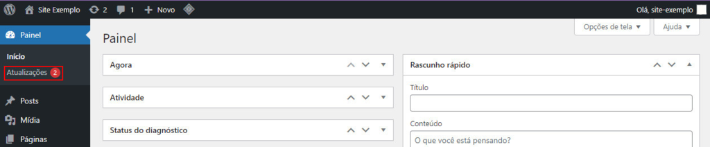 Destaque para a sessão de atualizações no menu lateral do painel WordPress