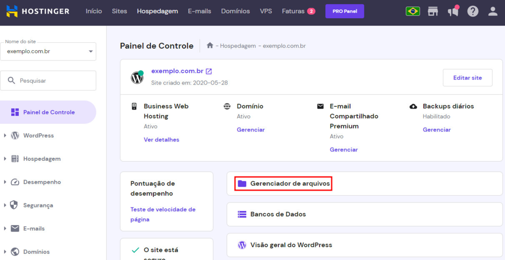 Sess&atilde;o do gerenciador de arquivos no painel de controle da hospedagem Hostinger
