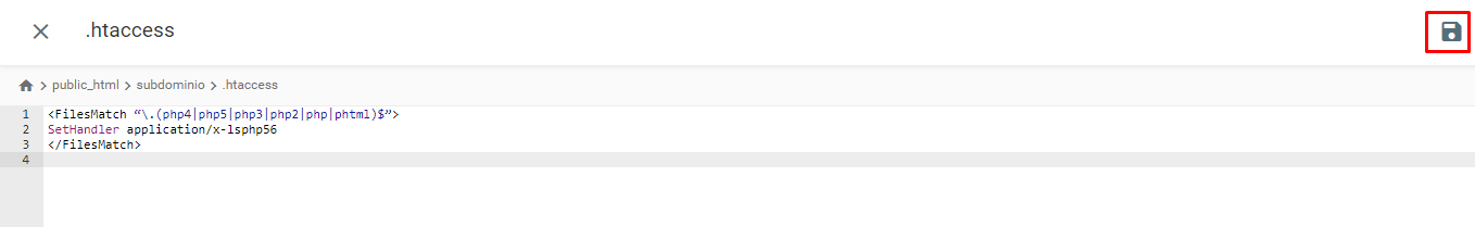 C&oacute;digo contido no arquivo .htaccess - destaque para o &iacute;cone de disquete para salvar altera&ccedil;&otilde;es