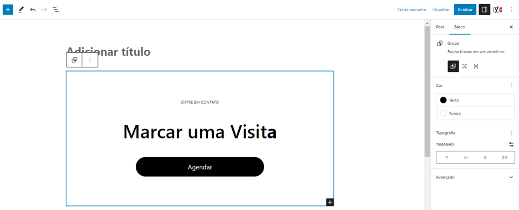 Exemplo de padr&atilde;o de bloco do tipo CTA no editor de blocos do WordPress