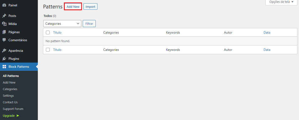 Destaque para o botão de Adicionar Novo na página de padrões de bloco do painel WordPress