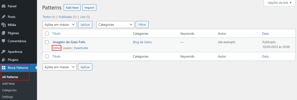 Destaque para a opção de Editar bloco na página de padrões de bloco do painel de controle WordPress