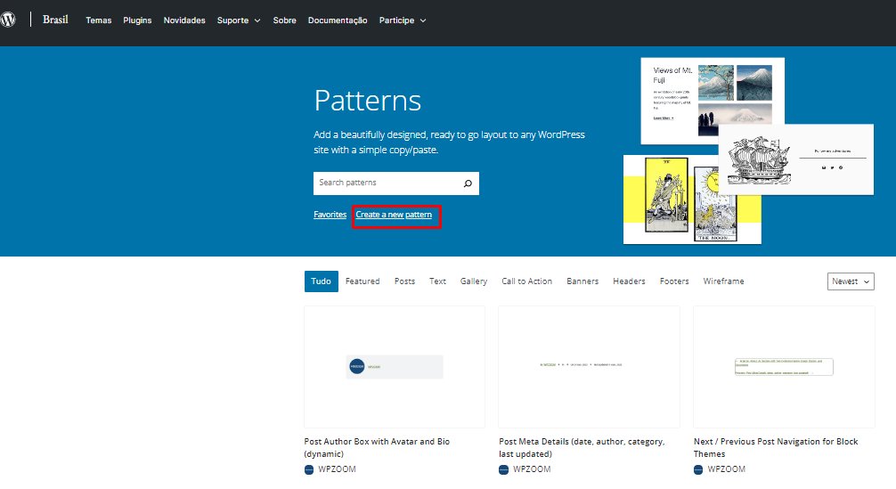 Destaque para o link de criar novo padr&atilde;o na p&aacute;gina do diret&oacute;rio de padr&otilde;es do WordPress